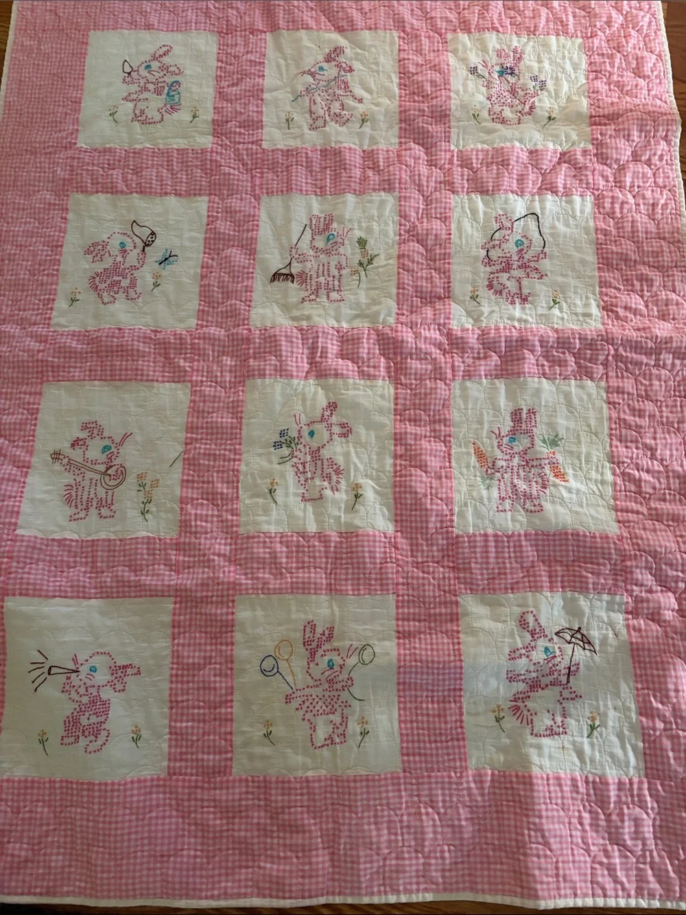 Pink and White Embroidered Baby Quilt - Cute Animal Patchwork handmade vintage